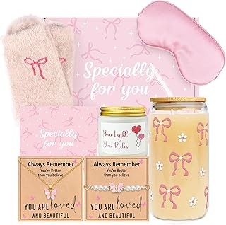 Pink Gifts for Women - 8PCS Pink Bow Gift Set for Her - Coquette Birthday Basket for Friends - Aesthetic Bow Accessories Set for Valentine's Day - Girly Stuff for Galentines