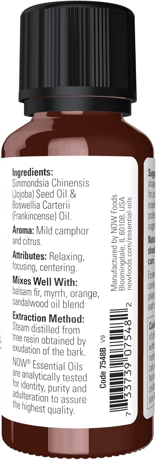 NOW Essential Oils, Frankincense Oil Blend, 20% Blend of Pure Frankincense Oil in Pure Jojoba Oil, Centering Aromatherapy Scent, Steam Distilled, Vegan, Child Resistant Cap, 1-Ounce
