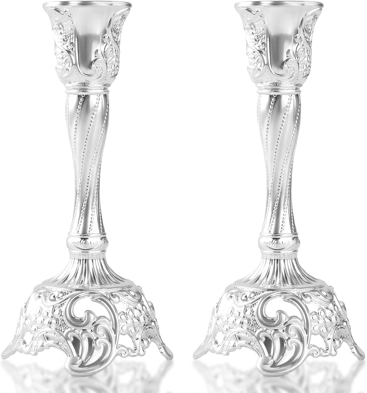 Shabbat Candles Holders Set of 2 - Silver Plated Shabbat Candlesticks, Vintage Silver Jewish Holder for Shabbos Candles, Havdalah Gifts for Holiday (Silver)