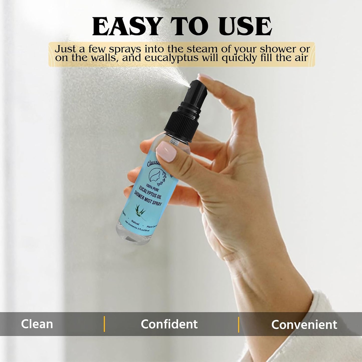 100% Pure Eucalyptus Oil Shower Spray – 2oz Natural Mist for Refreshing Scent, Relaxation & Invigoration – No Harsh Chemicals, Perfect for Shower, Steam Room & Linen Freshener