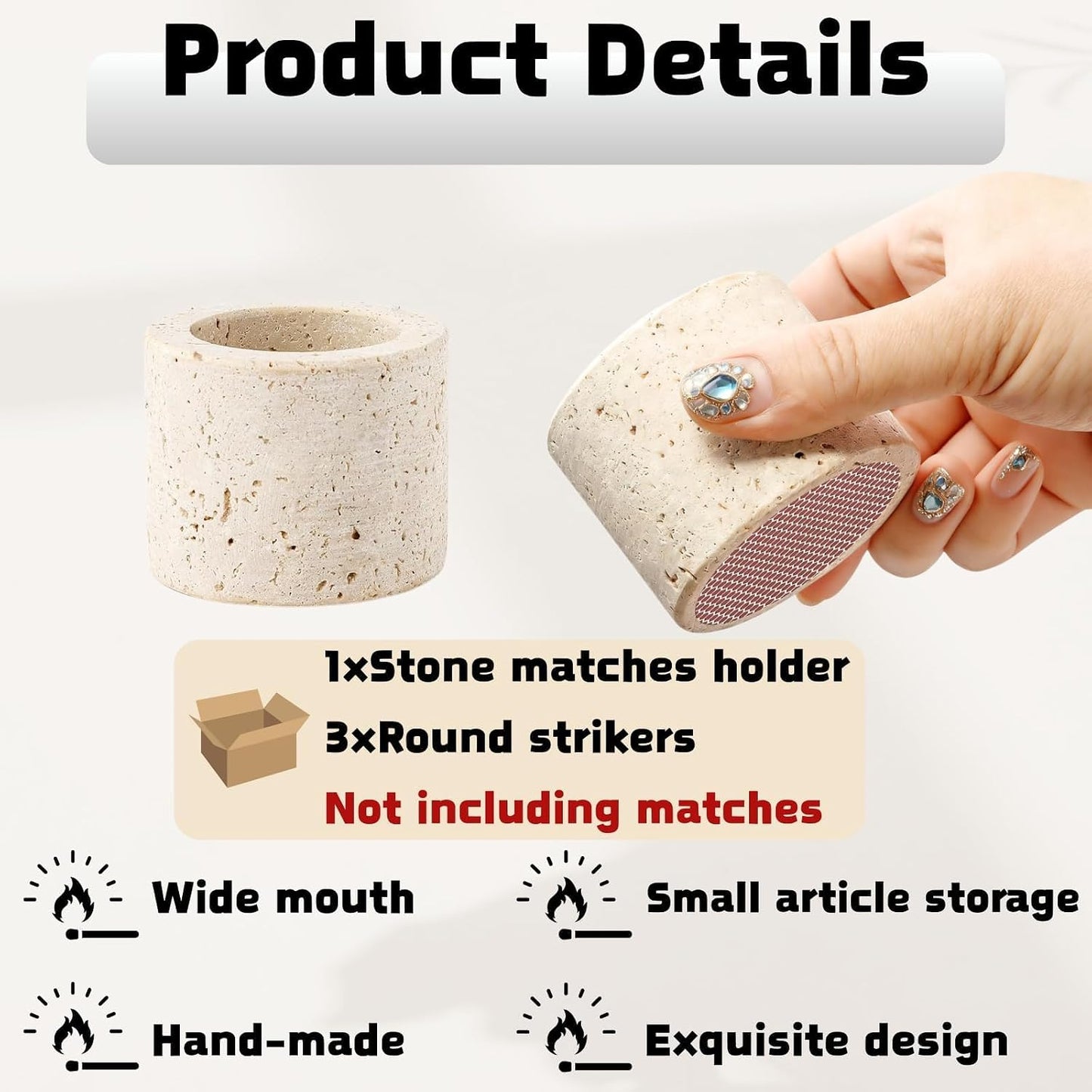 1 Match Holder with 3 Strikers, 2.56x1.97in Travertine Stone Decorative Fireplace Matches Dispenser Matchstick Organizer Cute Candle Jar for Camping Home Parlor Bathroom Kitchen, Matches Not Included