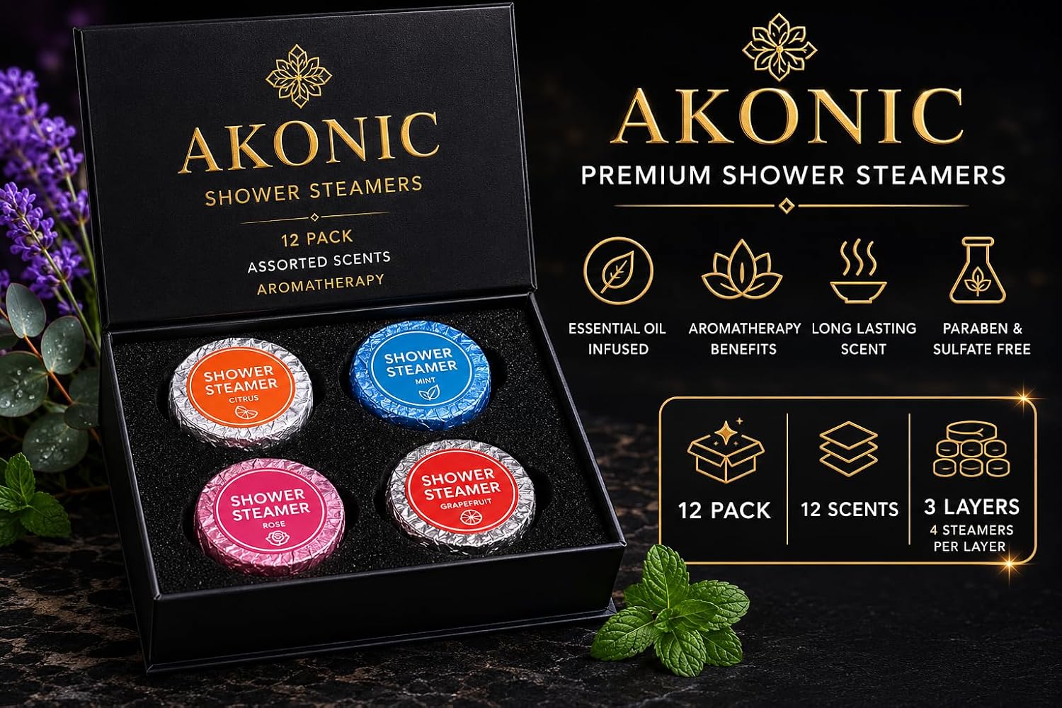 AKONIC Shower Steamers – 12 Pack – Assorted Scents Lavender
