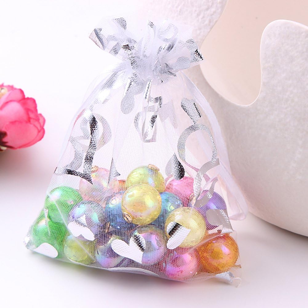 Wudygirl 100 PCS Organza Bags 3.54X4.72 inches Small Jewelry Bags with Drawstring Wedding Christmas Party Lavender Sachets Soaps Marbles Coins Bag (Mix Heart)