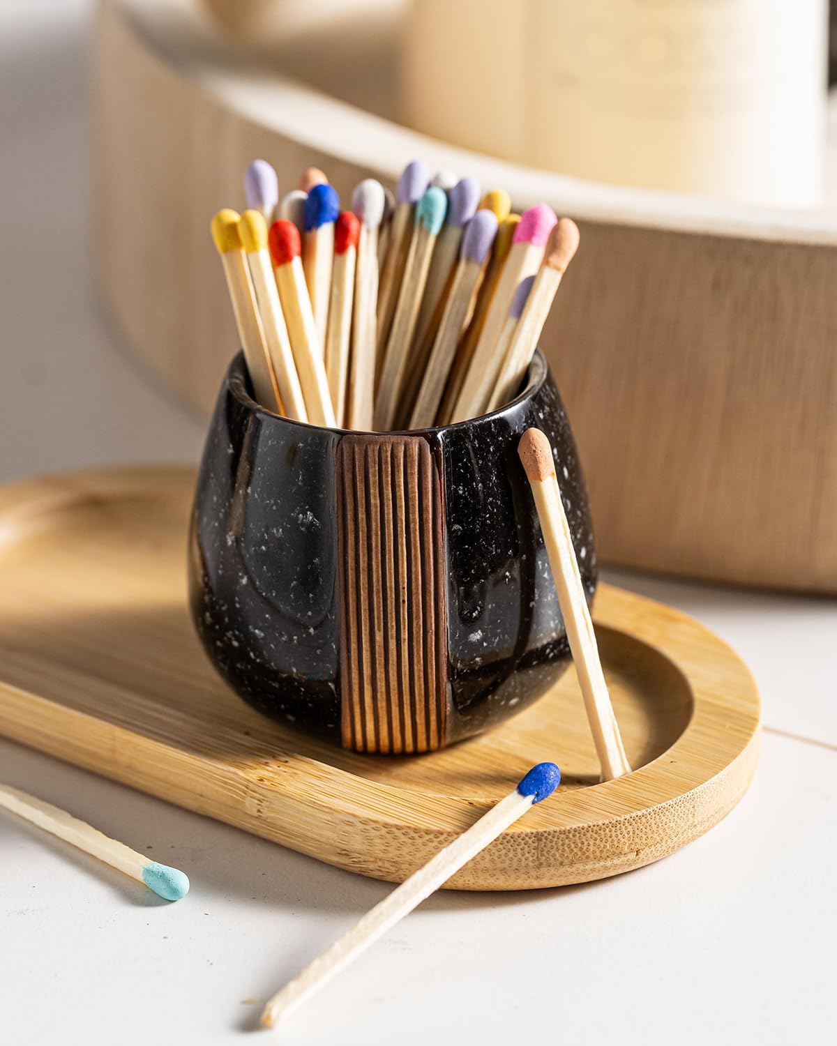 Zoeeker Set of 2 Ceramic Match Holders with Striker - Wooden Tray Matchstick Container Set for Christmas Bathrooms, Cafes & Modern Homes- Matches NOT Included, Black