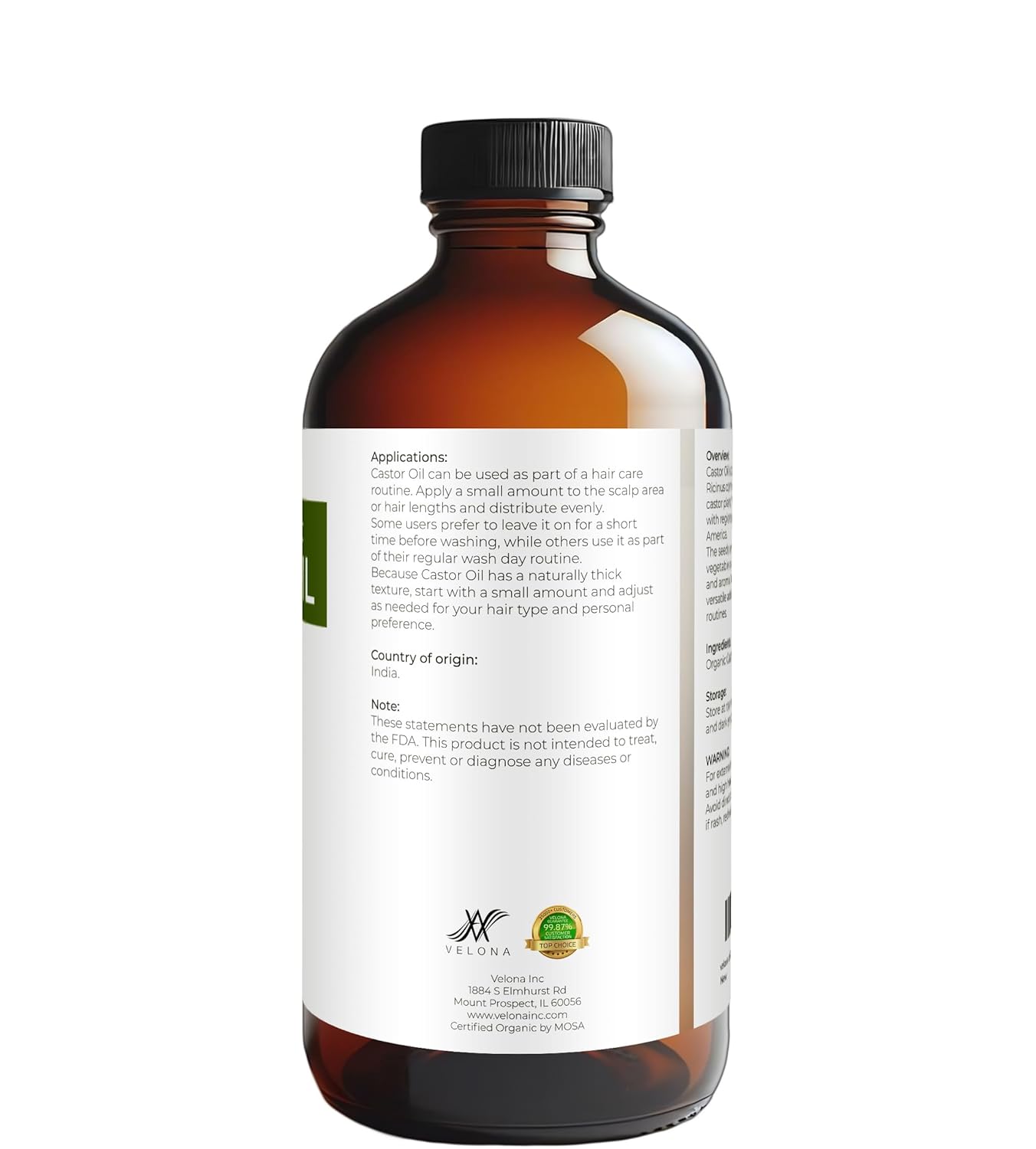 velona USDA Certified Organic Castor Oil – 16 fl oz in Glass Bottle | Cold-Pressed, Hexane-Free, USP Grade | Eyelash & Eyebrow | Bottled in USA