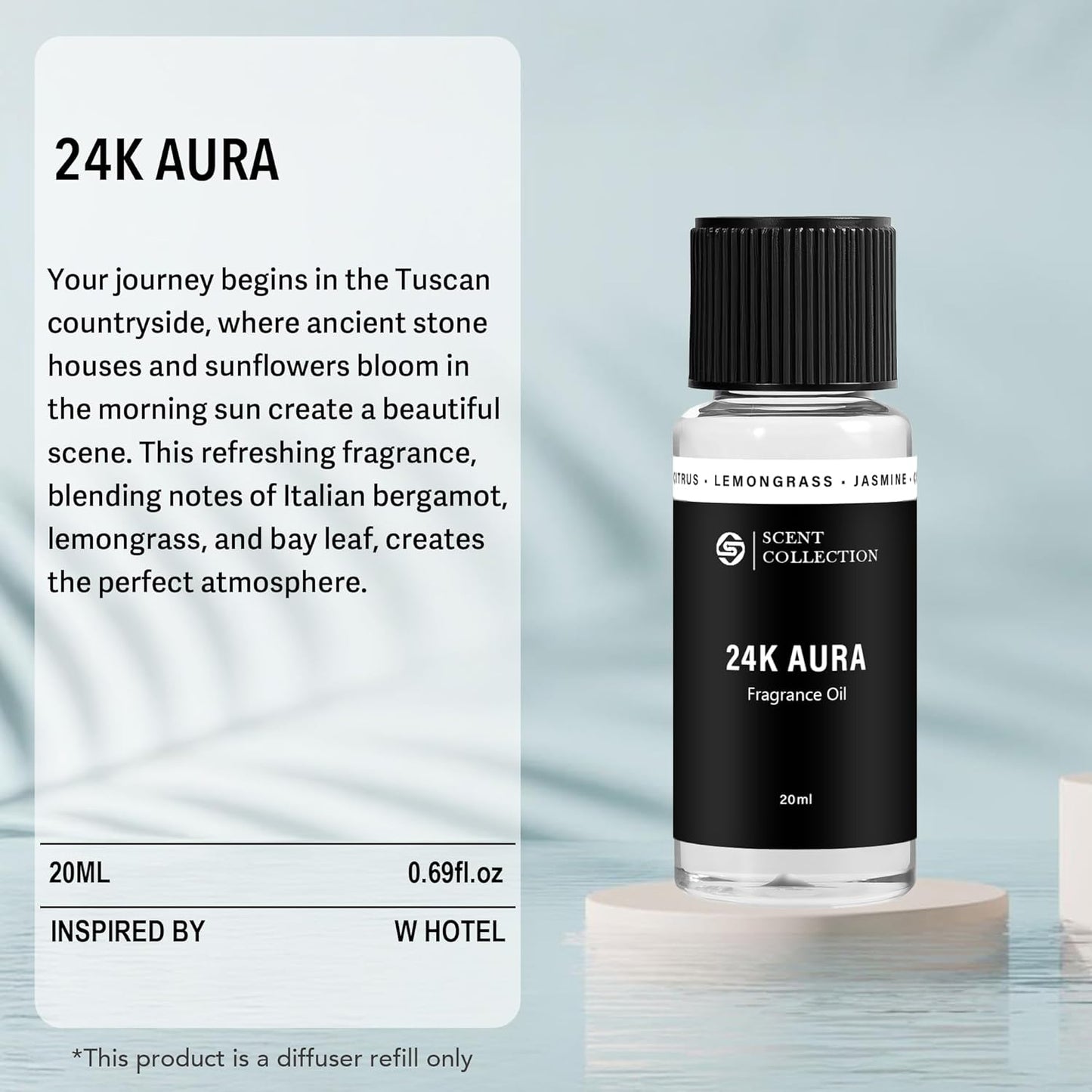 Luxury Hotel Scent 24K Aura Diffuser Oil Waterless Essential Aromatherapy for Cold Air & Car Diffusers – Long Lasting Refill for Large Room & Home - Signature Lemongrass (20ml/0.68Fl oz)