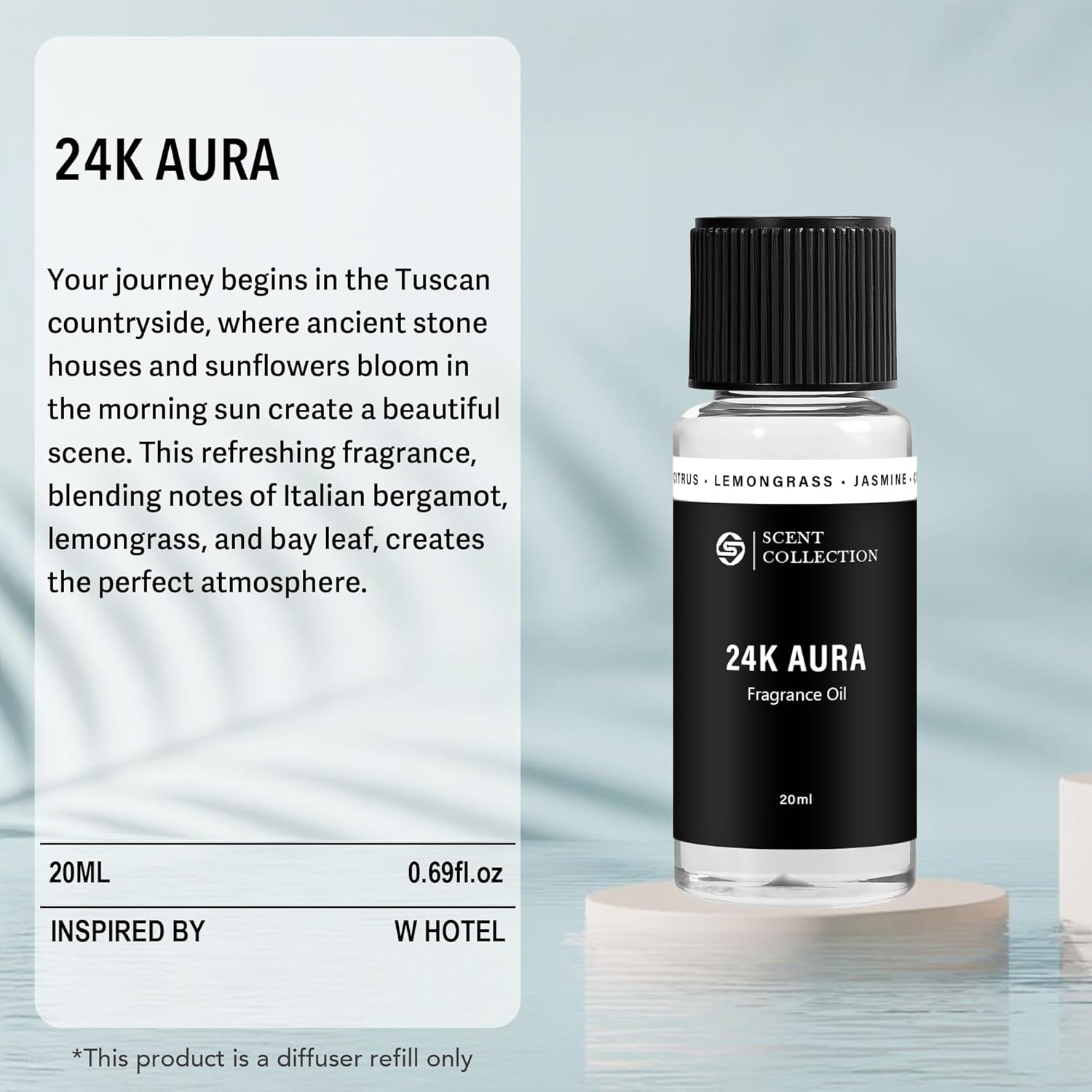 Luxury Hotel Scent 24K Aura Diffuser Oil Waterless Essential Aromatherapy for Cold Air & Car Diffusers – Long Lasting Refill for Large Room & Home - Signature Lemongrass (20ml/0.68Fl oz)
