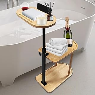 3 Layer Bath Tub Tray Table Liftable Freestanding Bamboo Bath Tray Caddy for Tub Against Wall Shelf Bathroom Organizer Shelf for Luxury Spa, Home Spa Bathtub Accessories