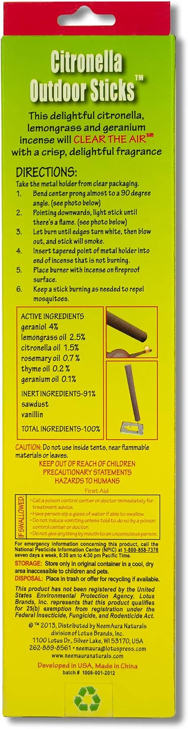 Neem Aura Naturals Outdoor Citronella Sticks, 10 Count