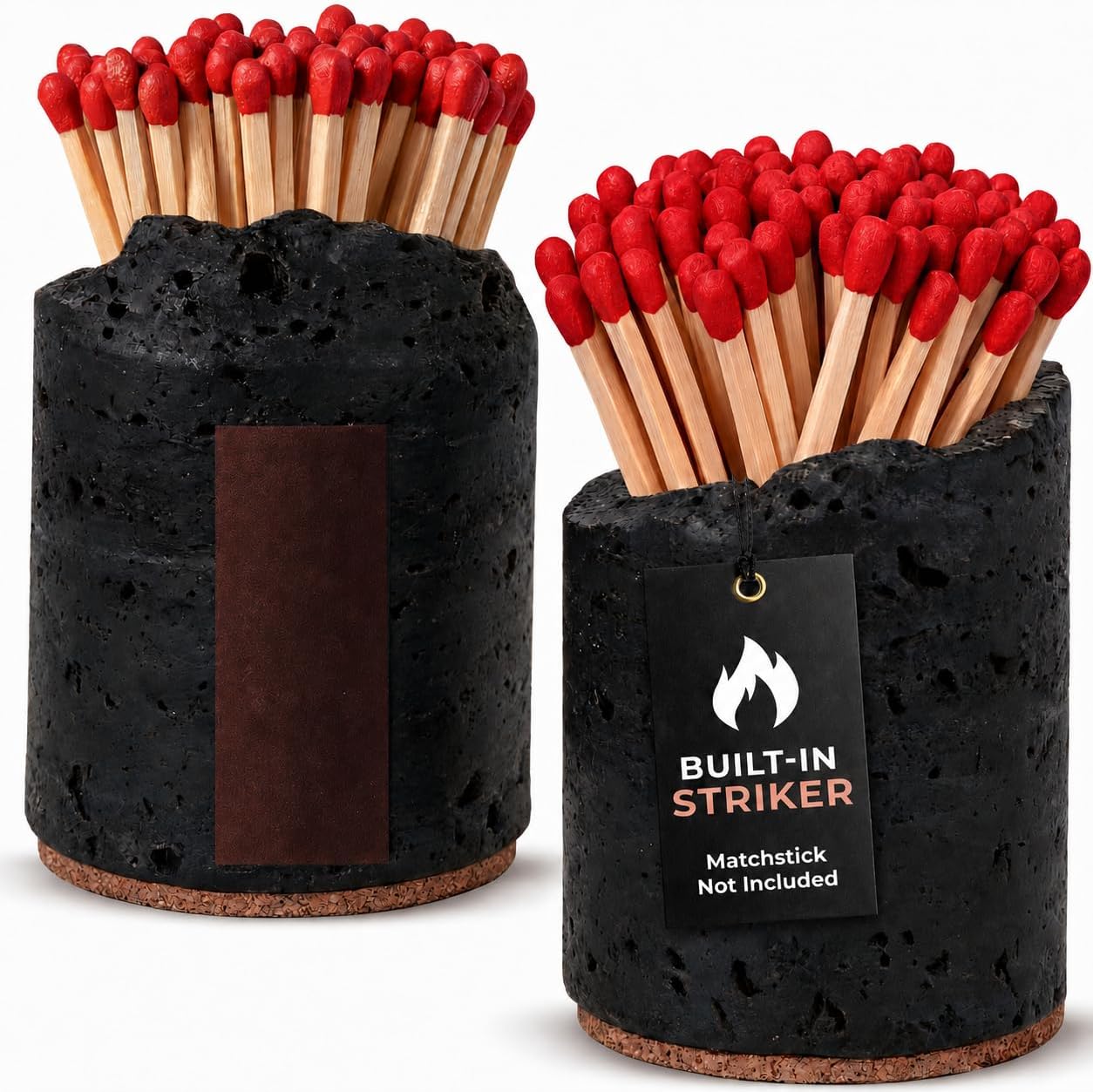 Ceramic Match Holder with Striker - Set of 2 - Handmade Match Box - Matches in a Jar for Bathroom Candle -Black 10 Extra Striker Pads - Modern Bathroom & Home Decor Gift - Matte Black & Speckled White