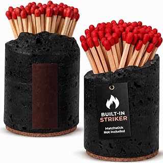 Ceramic Match Holder with Striker - Set of 2 - Handmade Match Box - Matches in a Jar for Bathroom Candle -Black 10 Extra Striker Pads - Modern Bathroom & Home Decor Gift - Matte Black & Speckled White