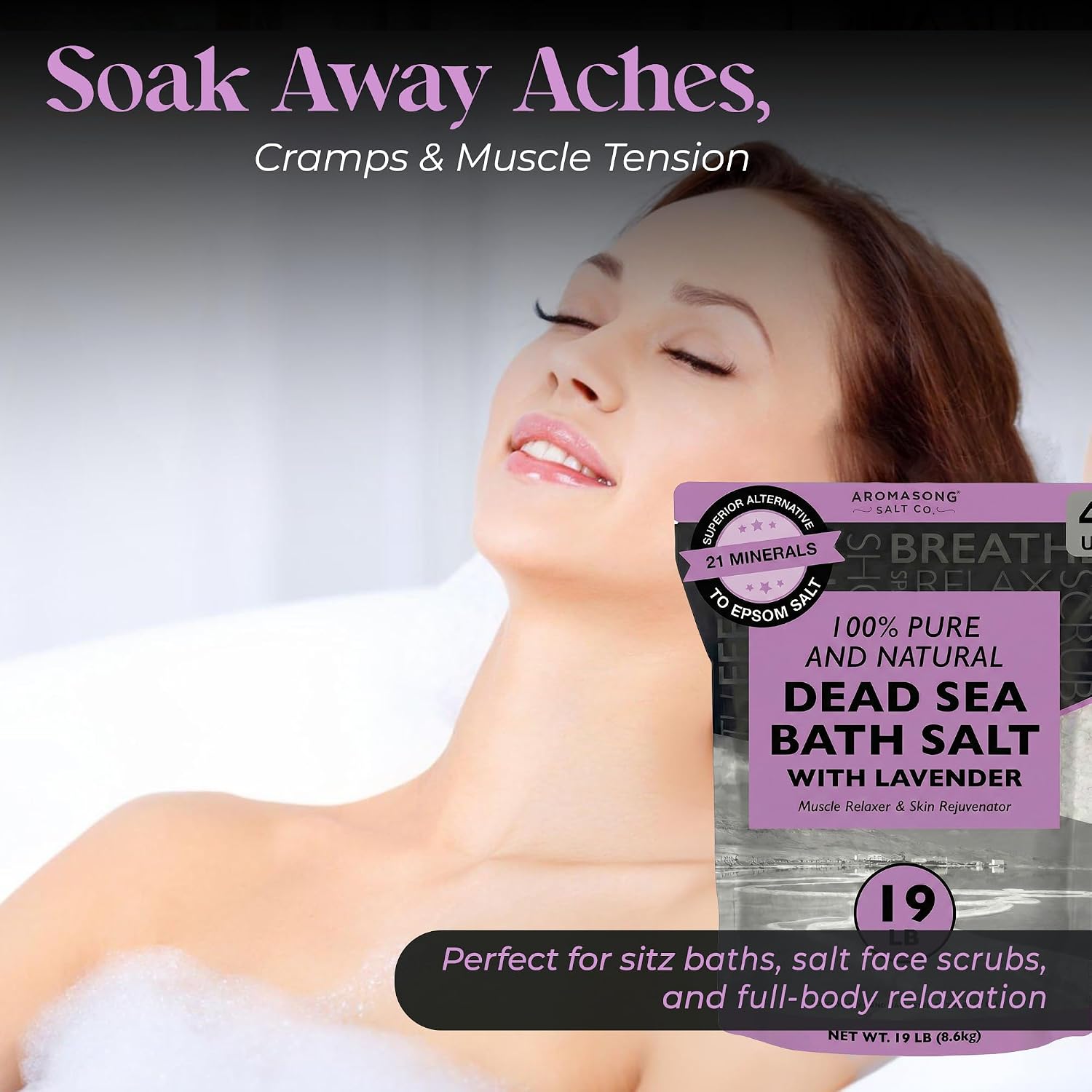 Aromasong Pure Dead Sea Salt for Soaking with 100% Natural Lavender, 19 LB - Spa Bath Salt Fine Grain - Body Wash Scrub - Soak for Women & Men- Bulk Resealable Pack