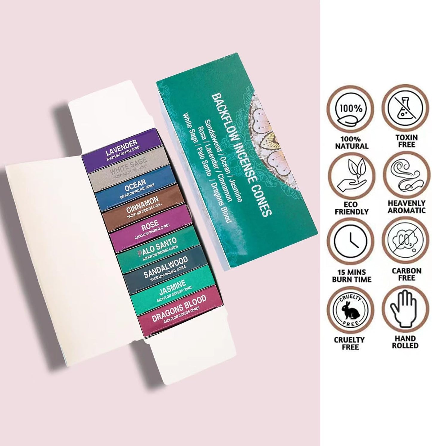 Set of 9 Backflow Incense Cones Gift Variety Pack - White Sage, Dragons Blood, Palo Santo, Jasmine, Lavender, Ocean, Sandalwood, Cinnamon, Rose for Waterfall Aromatic Smoke Fountain Haze Falls
