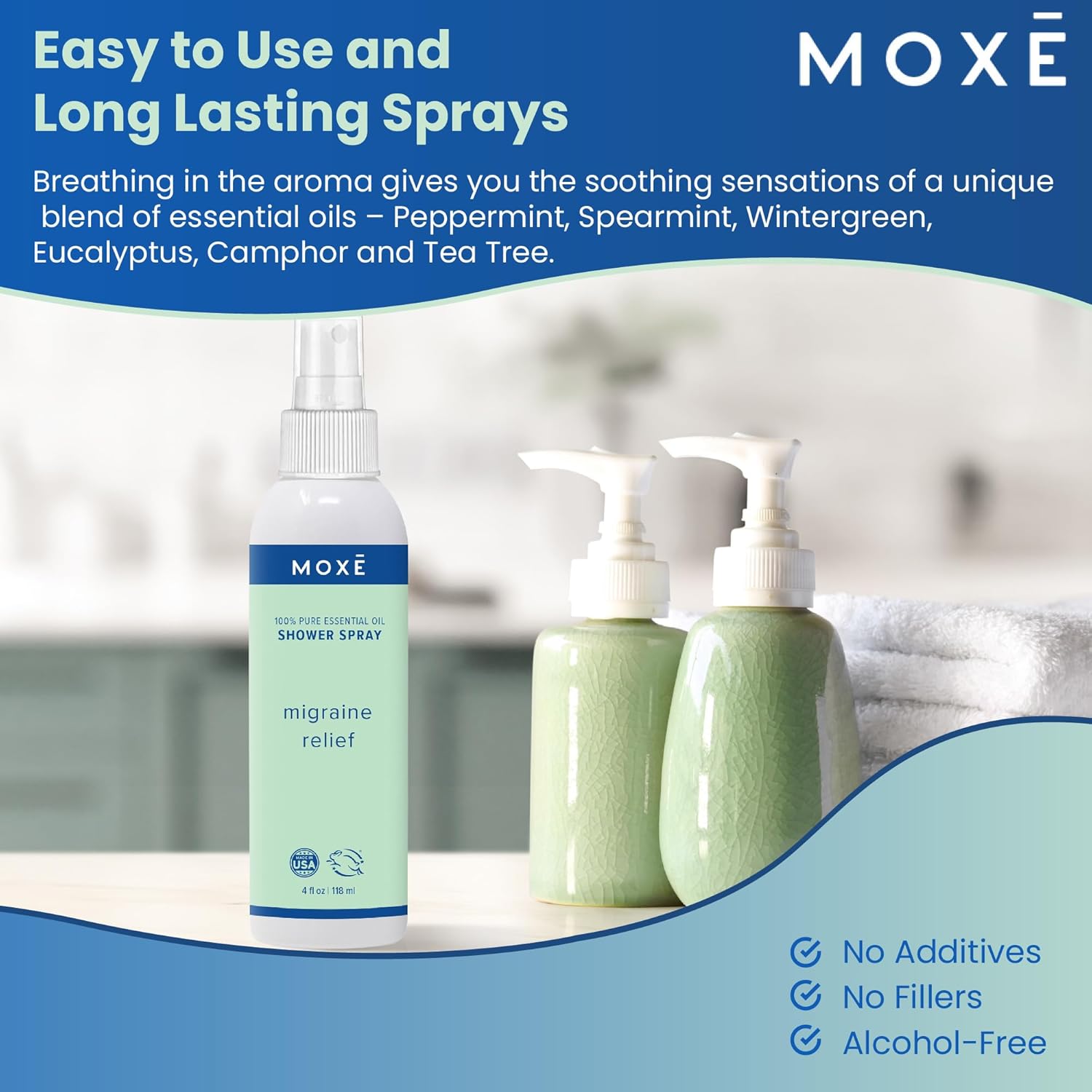 MOXE Migraine Relief Aromatherapy Shower Spray, Essential Oils for Headaches & Tension Relief, Natural 100% Essential Oils, Pure & Undiluted, Peppermint, Spearmint, Eucalyptus, Tea Tree, Made in USA