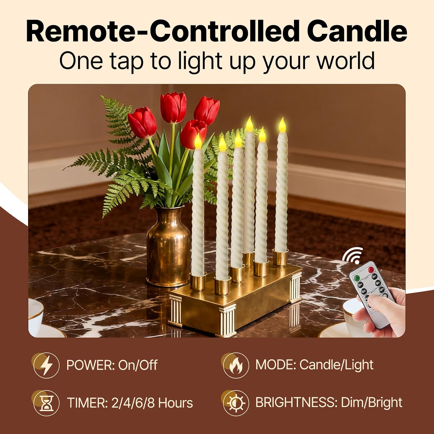 6 Pack Flameless Taper Candles, 10 Inch LED Window Candles | Flickering spiral twisted tapers, remote and timer functionality, ivory faux wax realistic look