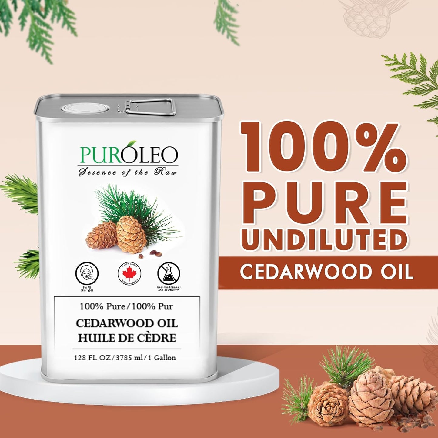 PUROLEO Cedarwood Essential Oil 128 Fl Oz/3785 ML (Packed in Canada) 100% Pure & Natural Cedarwood Oil for Aromatherapy, Relaxation, and Skin Care - Cedarwood Oil for Diffuser