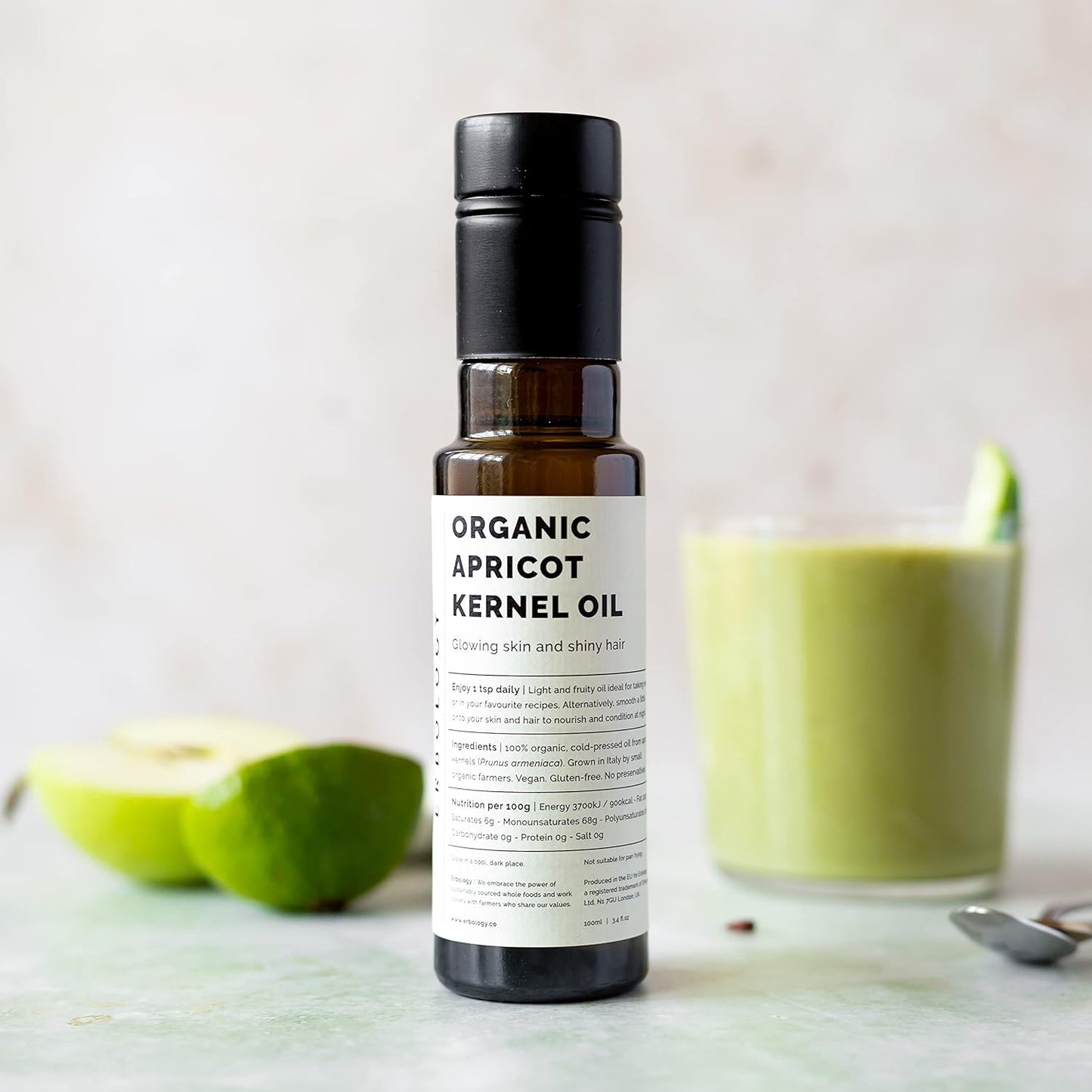 100% Organic Apricot Kernel Oil 100ml - Cold-Pressed - Premium Quality - Skin Health and Gut Health - Straight from Farm in Italy - Non-GMO - No Additives or Preservatives - Recyclable Glass Bottle