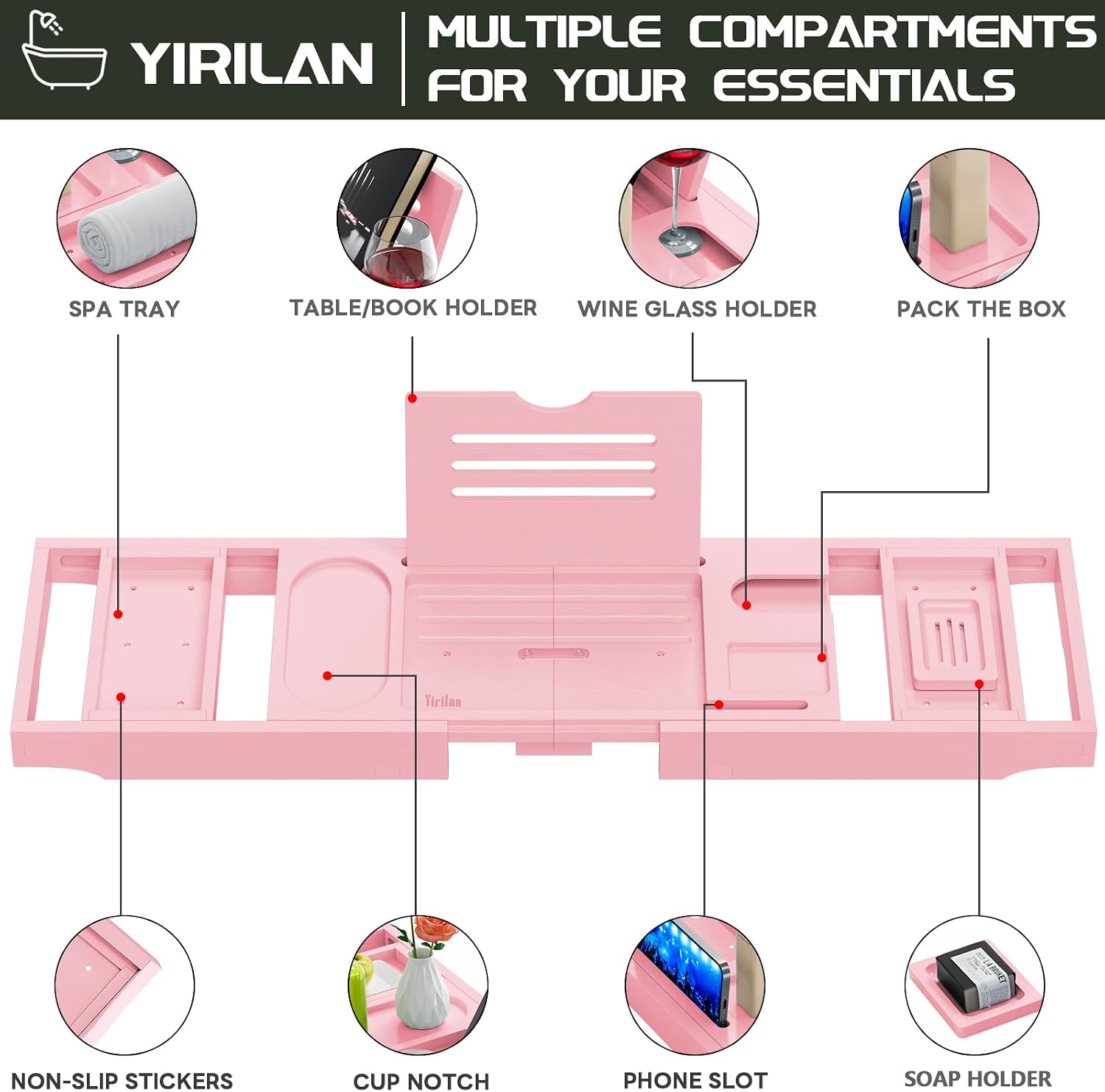 Premium Bathtub Tray Caddy, Expandable Bath Tray, Unique House Warming Gifts, New Home, Anniversary and Wedding Gifts for Couple, Pink