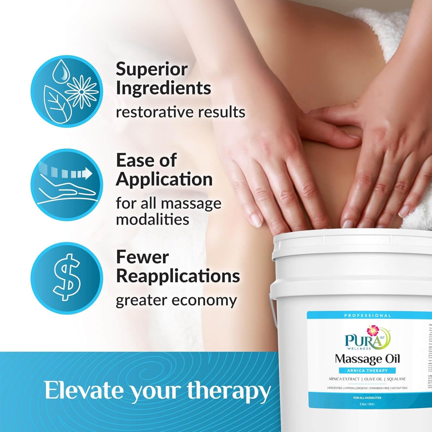 Arnica Therapy 5 Gallon Massage Oil, Arnica Extract, Professional, Massage Therapy, Deep Tissue, Unscented, Hypoallergenic, Natural Ingredients, Skin Hydrating, Moisturizing, Muscle Relief