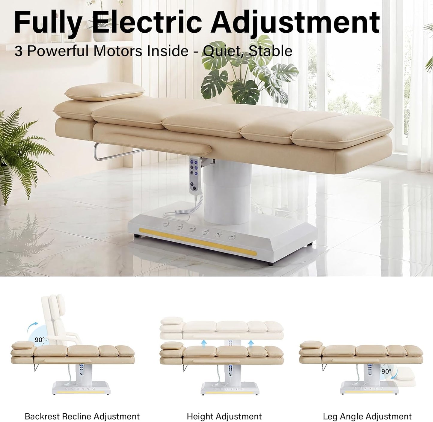 Electric Massage Table w/Stool, 3 Motor Professional Spa Bed, Foot Pedal & Remote Control, Height Adjustable Wide Facial Table for Salon & Spa (Champagne | with Rolling Stool)
