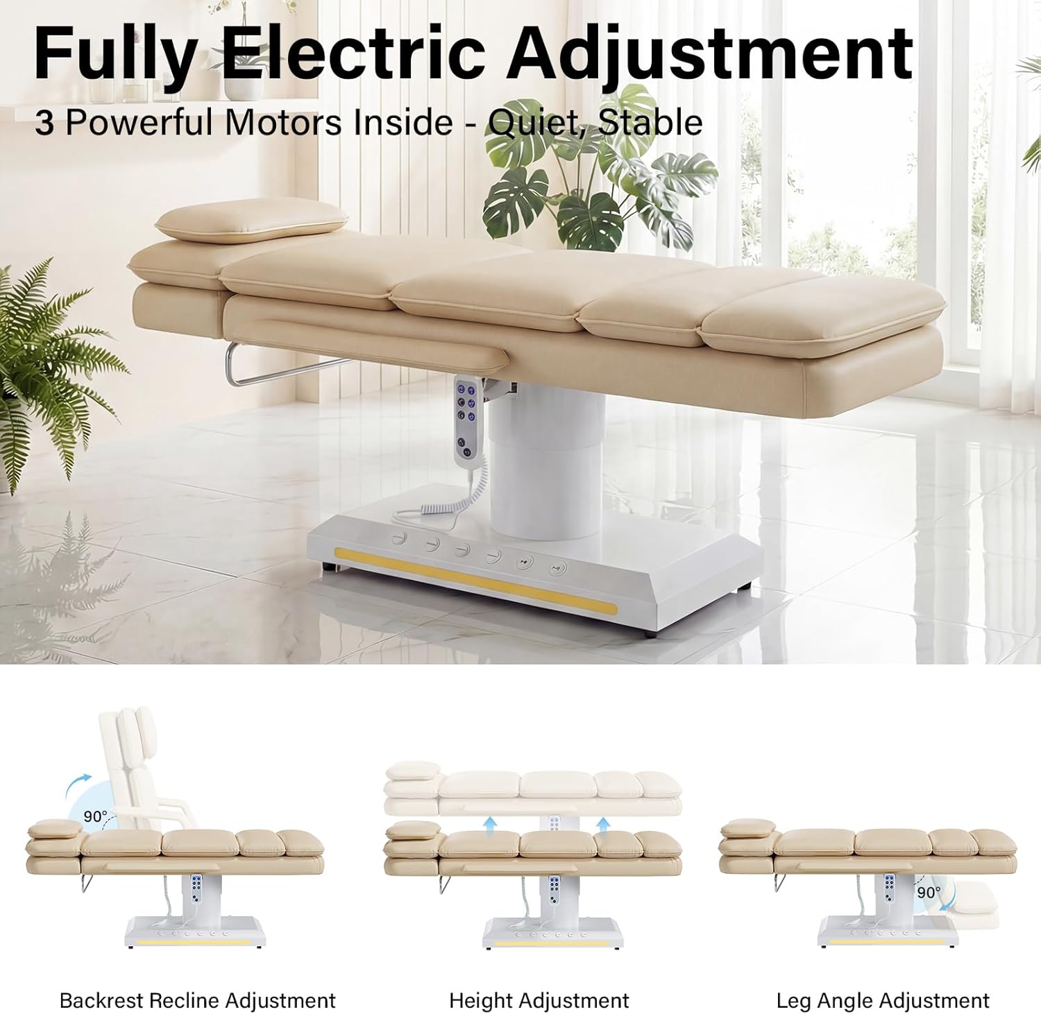Electric Massage Table w/Stool, 3 Motor Professional Spa Bed, Foot Pedal & Remote Control, Height Adjustable Wide Facial Table for Salon & Spa (Champagne | with Rolling Stool)