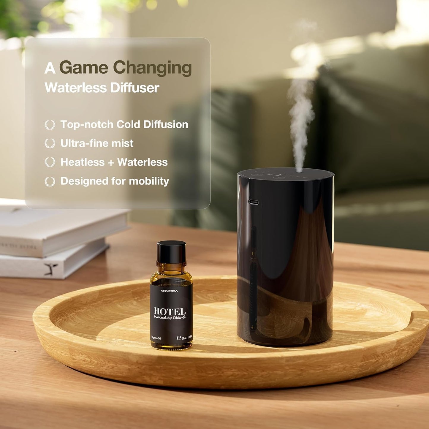 Waterless Essential Oil Diffuser Starter Kit, Battery Operated Mini Scent Air Machine Portable Diffuser for Home Car Office, ANZ Black Kit