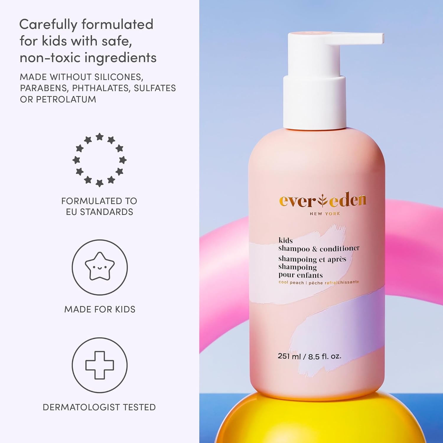 Evereden Kids 2-in-1 Shampoo & Conditioner, Cool Peach | Dermatologist-Tested, No Silicones | Gentle Care for Healthy Scalp & Hair, Age 3+ | Clean, Vegan, Sulfate & Paraben-Free, 8.5 fl oz