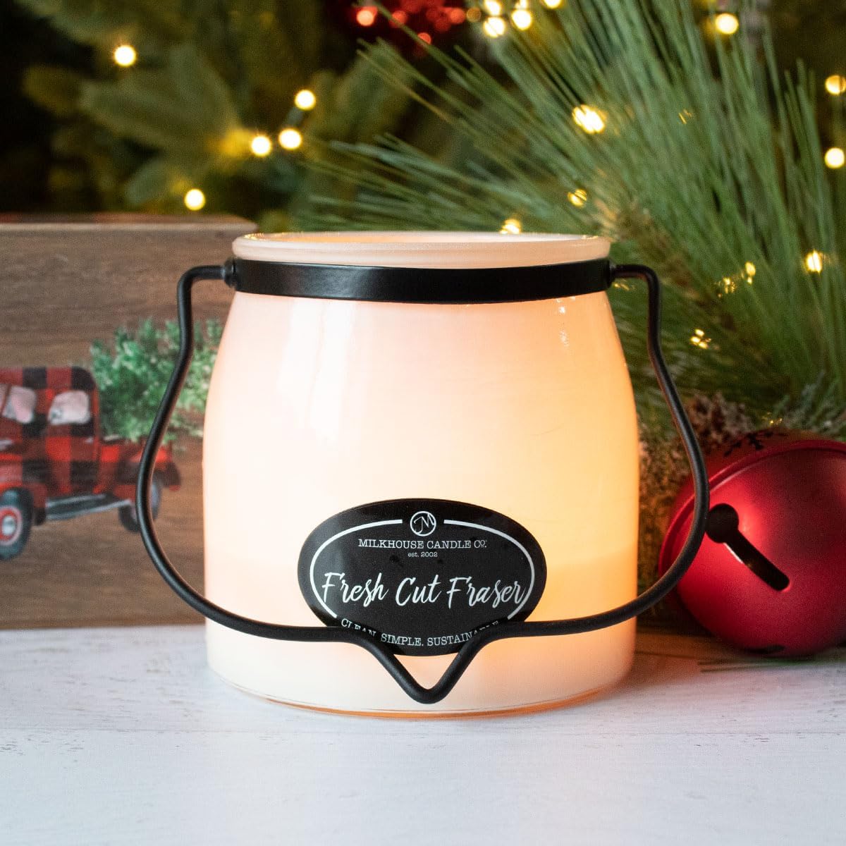 Milkhouse Candle Company Fresh Cut Fraser Soy Candle - Fraser Fir | Juniper & Sandalwood | Citrus Scented - 16 oz Butter Jar with Lid, 65+ Hour Burn Time, Made in the USA