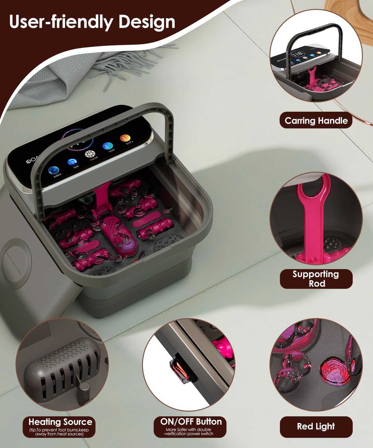 OOAMBB Collapsible Foot Spa with Heat, Bubble,Temp Control,Remote Control, Color Touch Screen Foot Bath Massager with 6 Massage Rollers,Foot Soaking Tub,Pedicure Foot spa for Stress Relief (Deep Grey)