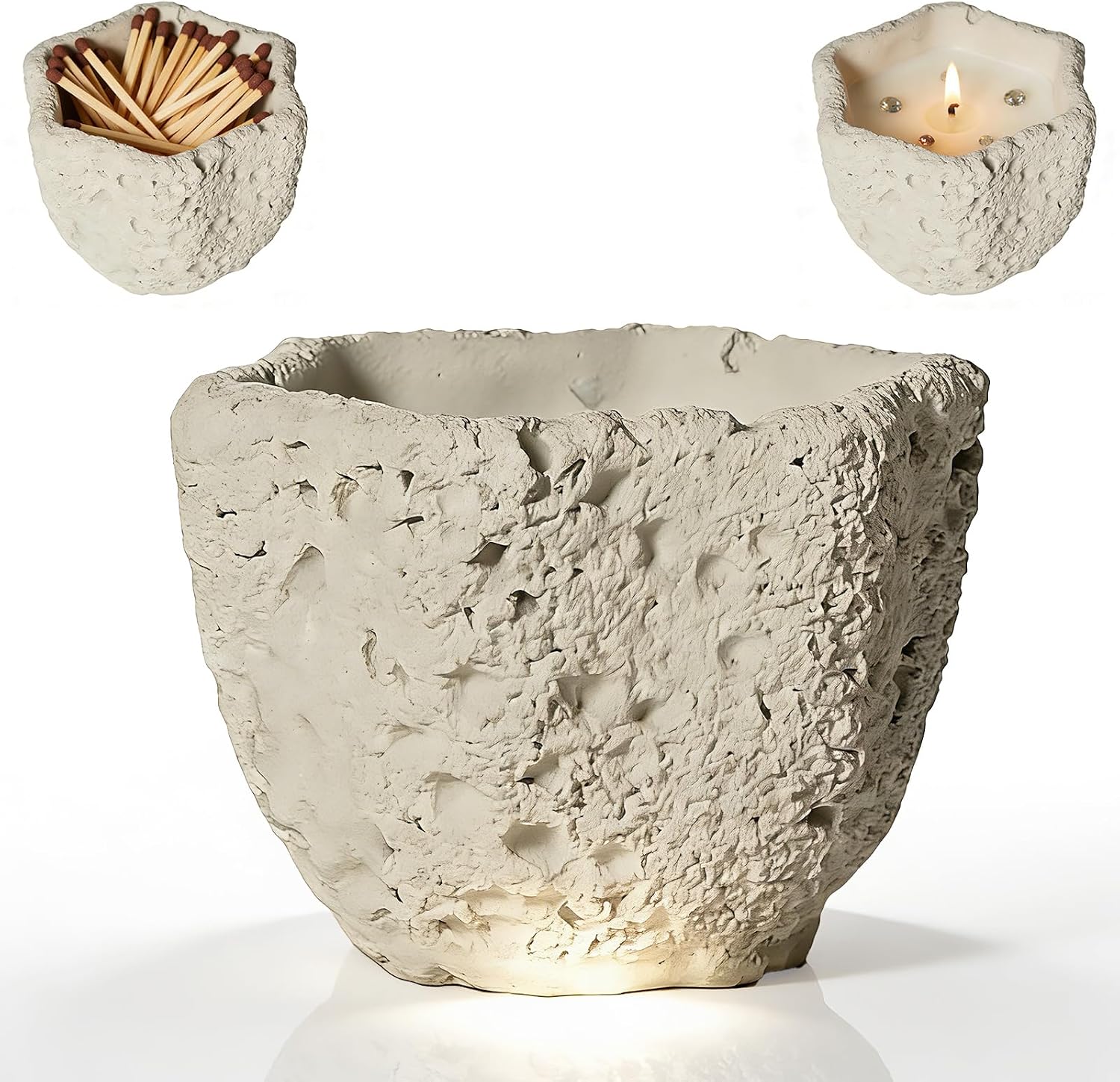 Match Holder Jar with Striker - 100+ Long Matches for Candles, Fireplaces & Decor, Textured Stone Design, All-in-One Match Storage & Striker Jar