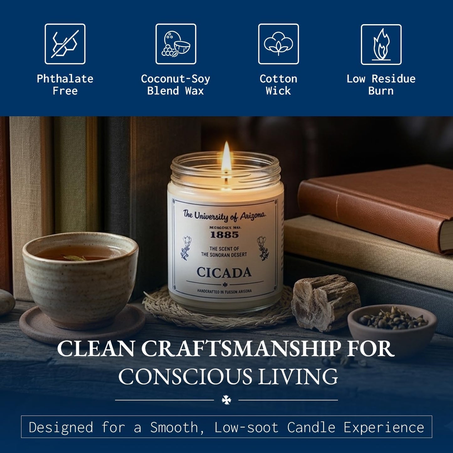 CICADA Desert Rain Scented Candle, Memory No. 1885, University of Arizona Inspired Coconut Soy Blend Wax, Cotton Wick, Earth Honey Citrus Creosote Aroma, Hand Poured Arizona Reveries Home Fragrance
