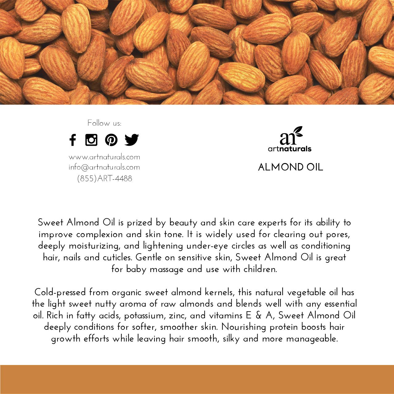 artnaturals Premium Sweet Almond Oil - (16 Fl Oz / 473ml) - 100% Natural & Pure – Therapeutic Grade Unrefined Carrier and Massage Oil – for Hair, Body and Skin or Diluting Aromatherapy Essential Oils