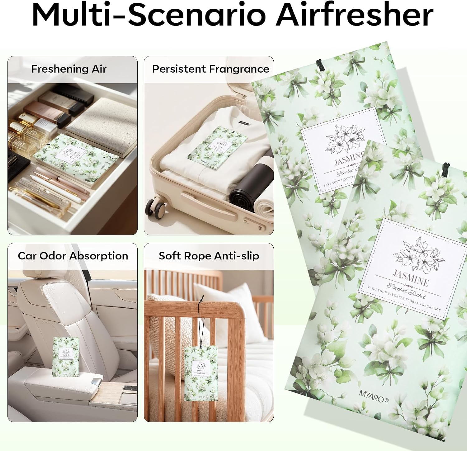 MYARO 20 Pack Jasmine Scented Sachets - Fresh Drawer & Closet Air Freshener Bags, Odor Eliminator for Bathroom, Lingerie Drawers, Car & Travel