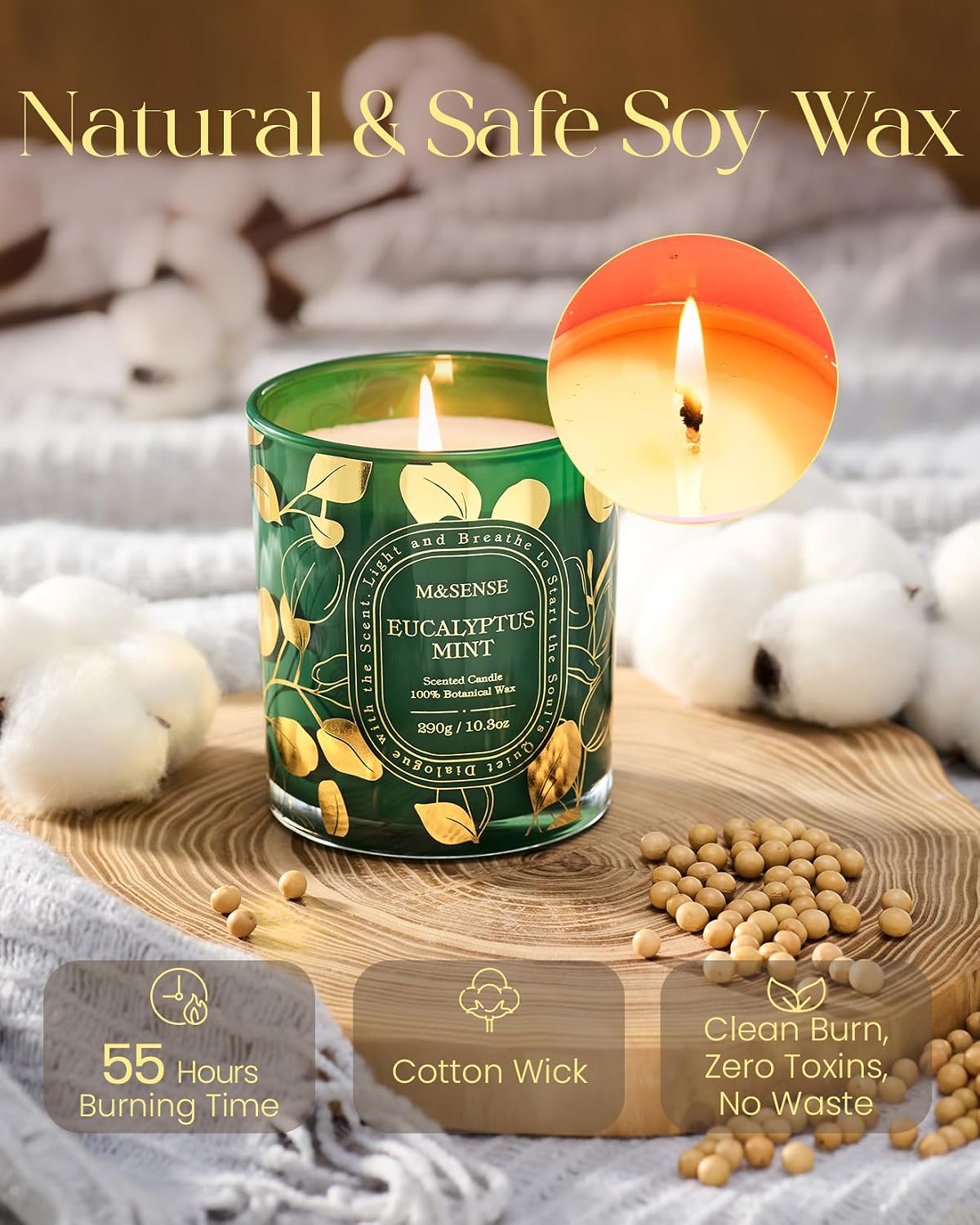 M&SENSE Eucalyptus Mint Scented Candle 10.3oz Golden Stamped | Non-Toxic Soy Wax, 55H Burn Time, Aromatherapy, Summer Cool Refresh & Spa Gift