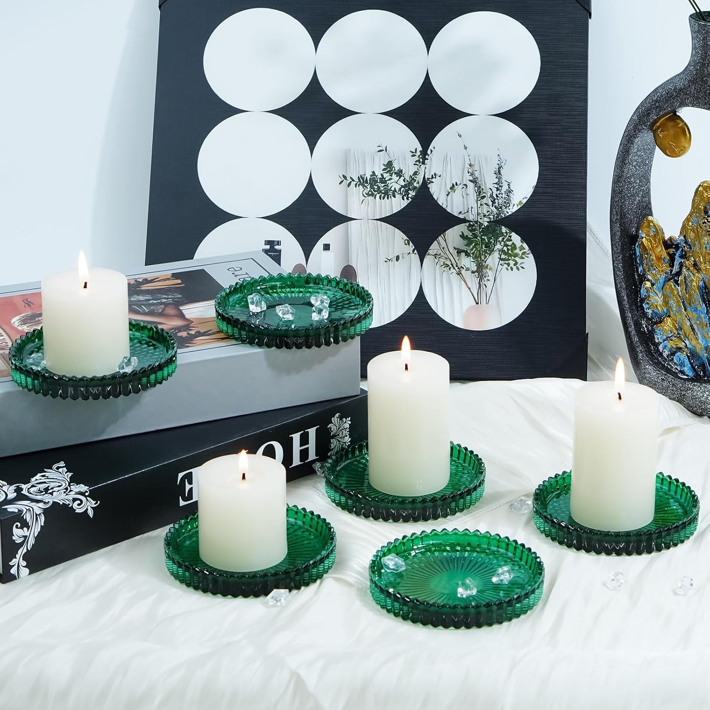 Candleholder Glass Candle Holder Plates Set of 6, Round Glass Candle Tray Plates for Dining Wedding Lantern Festival Party Evening Light, Green