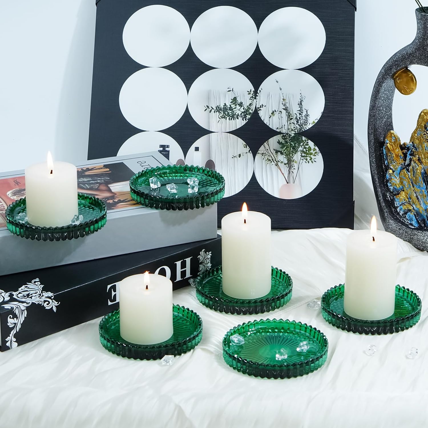 Candleholder Glass Candle Holder Plates Set of 6, Round Glass Candle Tray Plates for Dining Wedding Lantern Festival Party Evening Light, Green