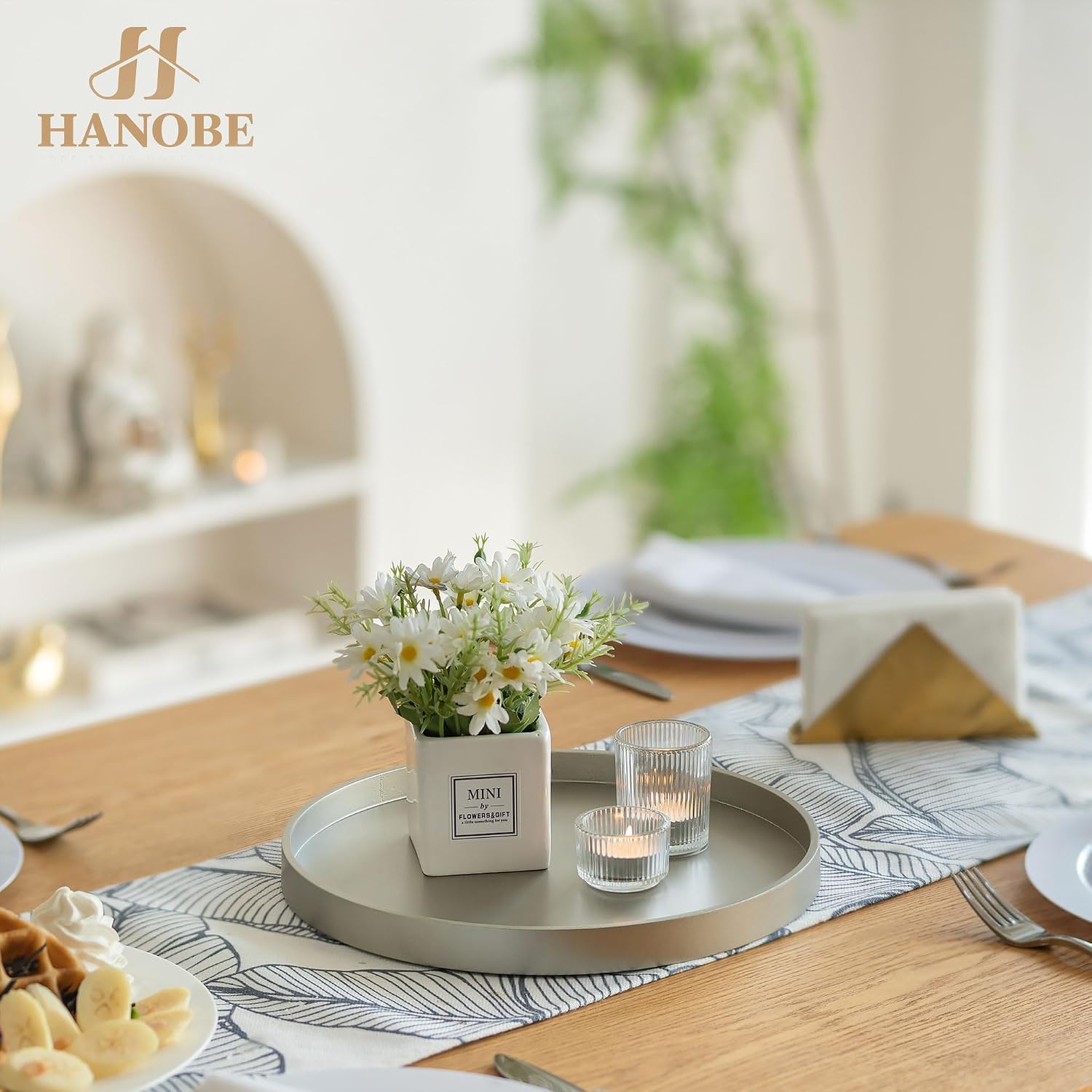 Hanobe Candle Plate Holder Tray: Champagne Gold Round Wood Candle Plate Decorative Centerpiece Small Tealight Pillar Trays for Living Room Dining Coffee Table Home Decor