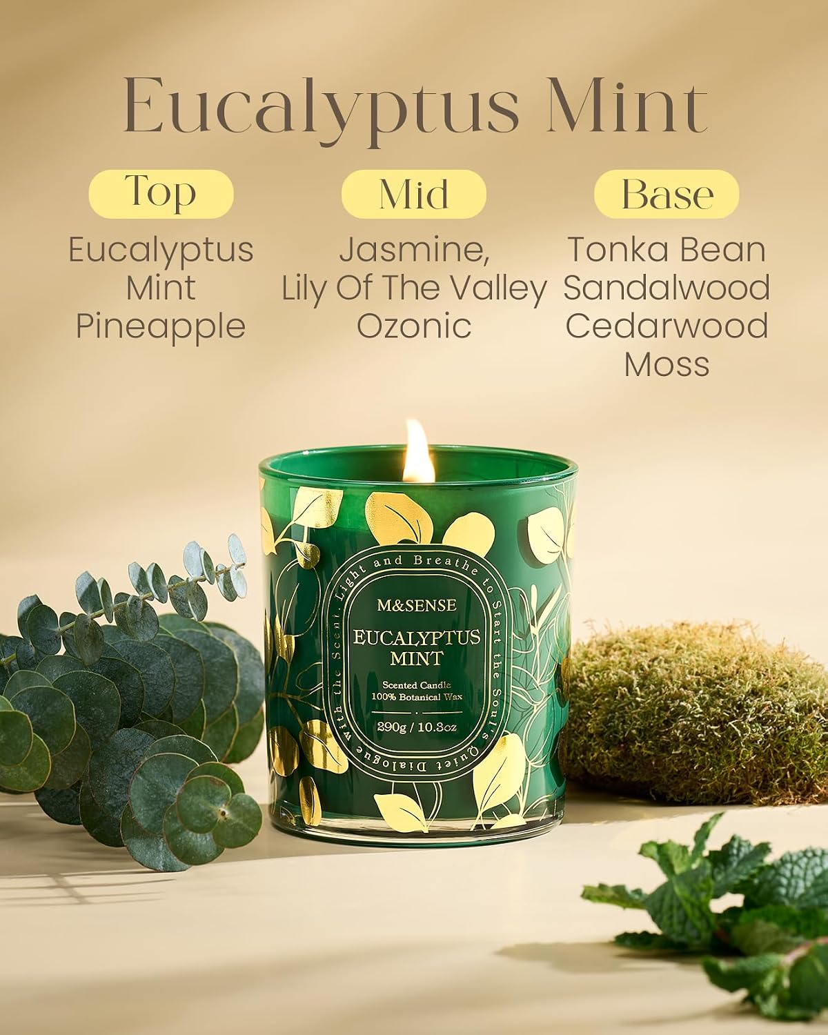 M&SENSE Eucalyptus Mint Scented Candle 10.3oz Golden Stamped | Non-Toxic Soy Wax, 55H Burn Time, Aromatherapy, Summer Cool Refresh & Spa Gift