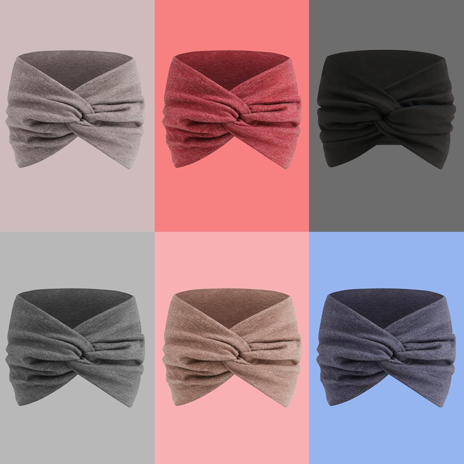 Extra Wide Headbands for Women, 7'' Large Cotton Like Turban Knotted Bandana Head Bands for Women Non Slip, Boho Headbands for Women's hair bands for women's hair 6 Pack