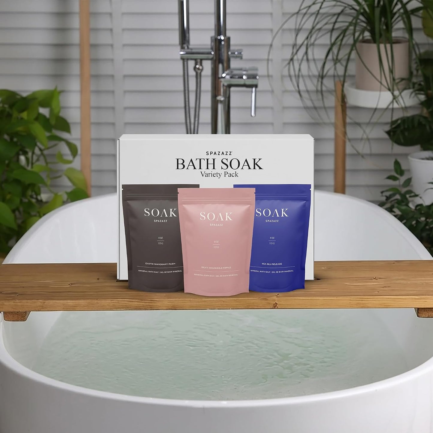 Spazazz Dead Sea Bath Salts with Magnesium & Arnica – Aromatherapy Mineral Bath Soak for Relaxation – 4oz Exotic Mahogany Rush, Silky Chamomile Ripple & Sea Blu Release with Bath Salt Scoop