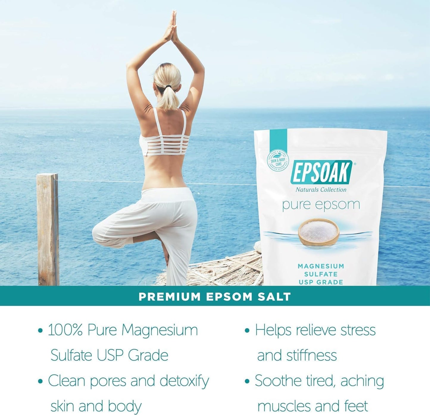 Epsoak Epsom Salt 19 lb. Magnesium Sulfate USP. Resealable Epsom Salt Bag Unscented, Made in The USA, Cruelty-Free Certified