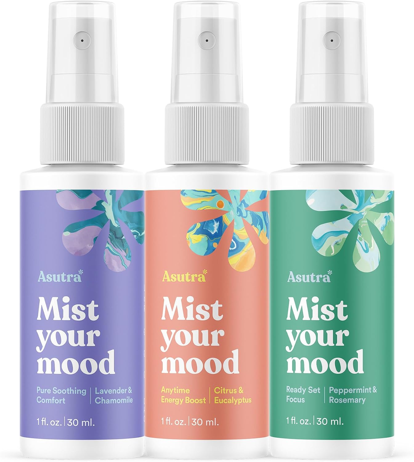 Asutra Multi-Use Natural Aromatherapy Essential Oil Room Spray, Calming Linen & Pillow Mist, 3 Scent Mini Sampler for Sleep & Travel, 1 fl oz