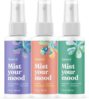Asutra Multi-Use Natural Aromatherapy Essential Oil Room Spray, Calming Linen & Pillow Mist, 3 Scent Mini Sampler for Sleep & Travel, 1 fl oz