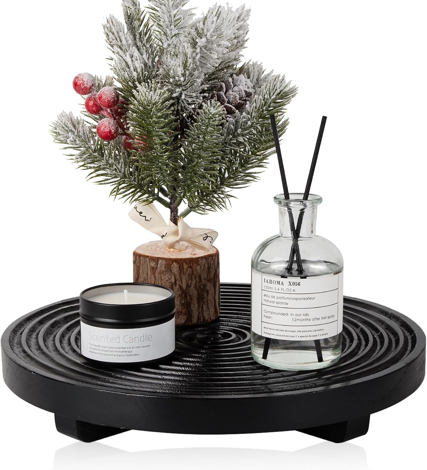 Round Decorative Tray Farmhouse Bathroom Decor Wood Riser Kitchen Countertop Organizer for Perfume, Candle, Plant, 9 inch Black