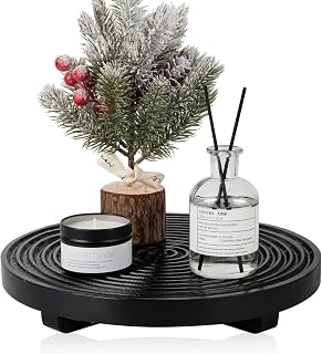 Round Decorative Tray Farmhouse Bathroom Decor Wood Riser Kitchen Countertop Organizer for Perfume, Candle, Plant, 9 inch Black