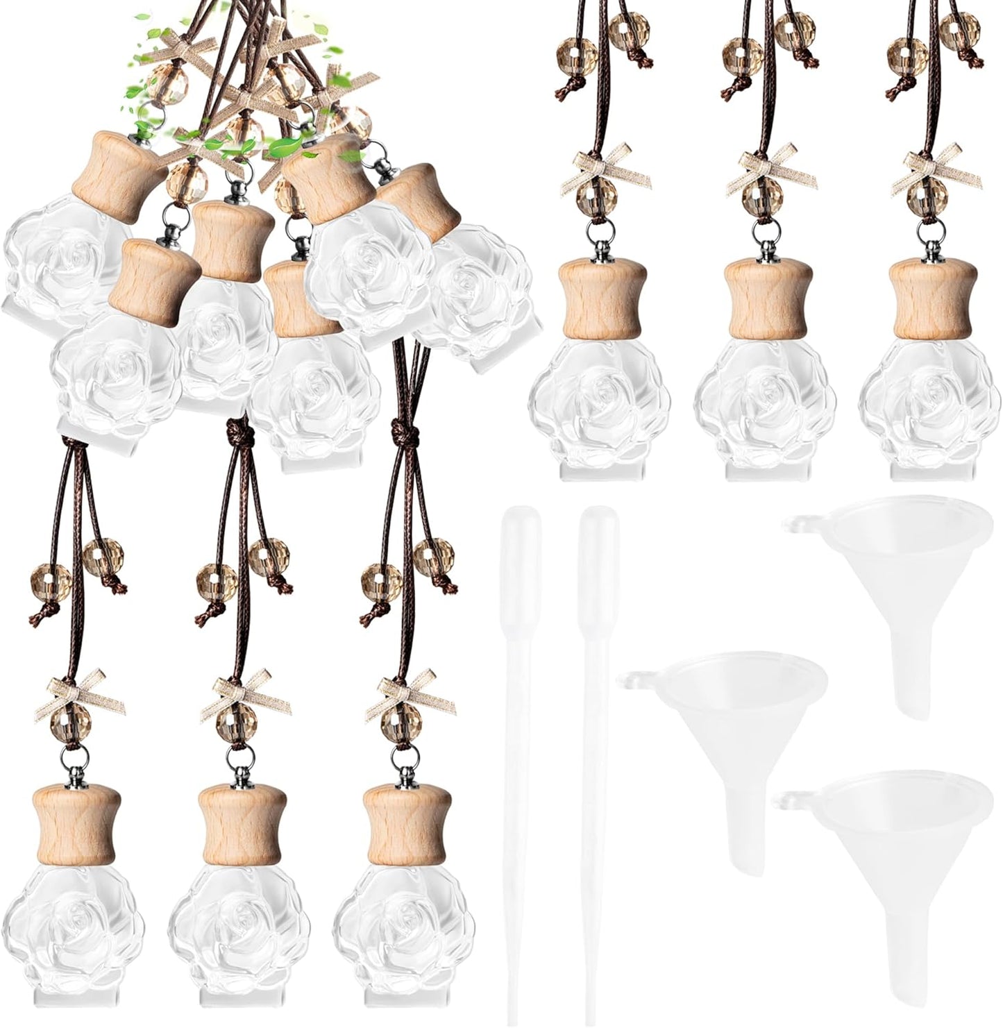 6 Pack Leak-Proof Hanging Car Diffuser - 8ml Refillable Empty Bottles with Wood Caps, 3 Funnels & 2 Droppers - Essential Oil Air Freshener for Car, Home or Office (6, Camellia)