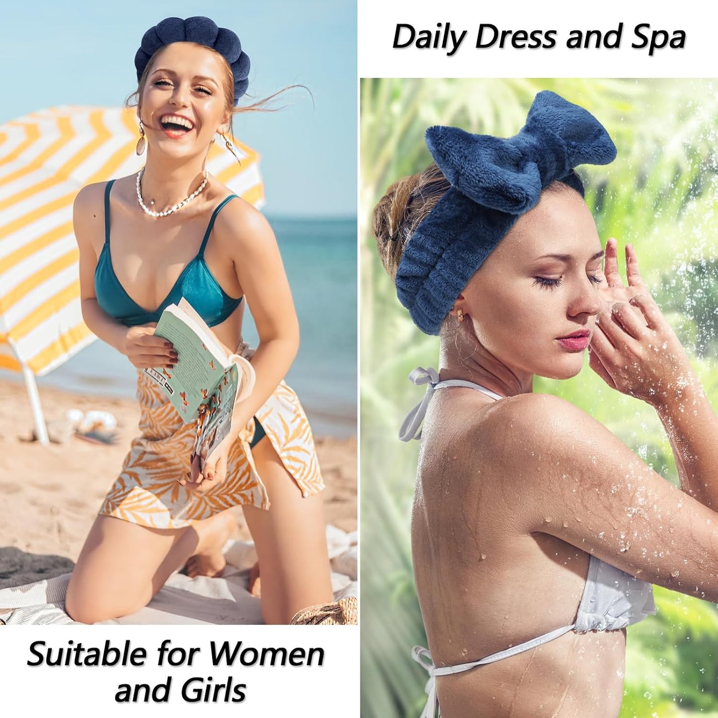 VELSCRUN Spa Headband, Makeup Face Wash Skincare Headbands, 6 Pcs Dark Blue Sponge Bow Tie Get Ready HairBand Facial Wristband Set, Stuff for Teen Girls Women Trendy Fashion Hair Accessories