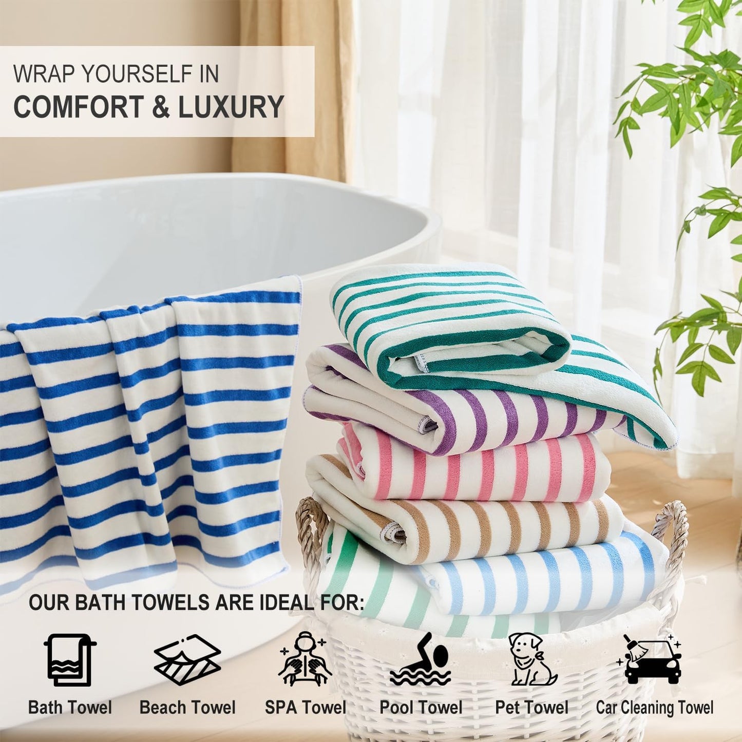 JML Microfiber Beach Towels Set, 6 Pack, 27" x 55", Cabana Stripe Coffee | Hanging Loop, Soft, Absorbent, Quick Dry, Lint-free, No Fading, For Swimming Pool Party