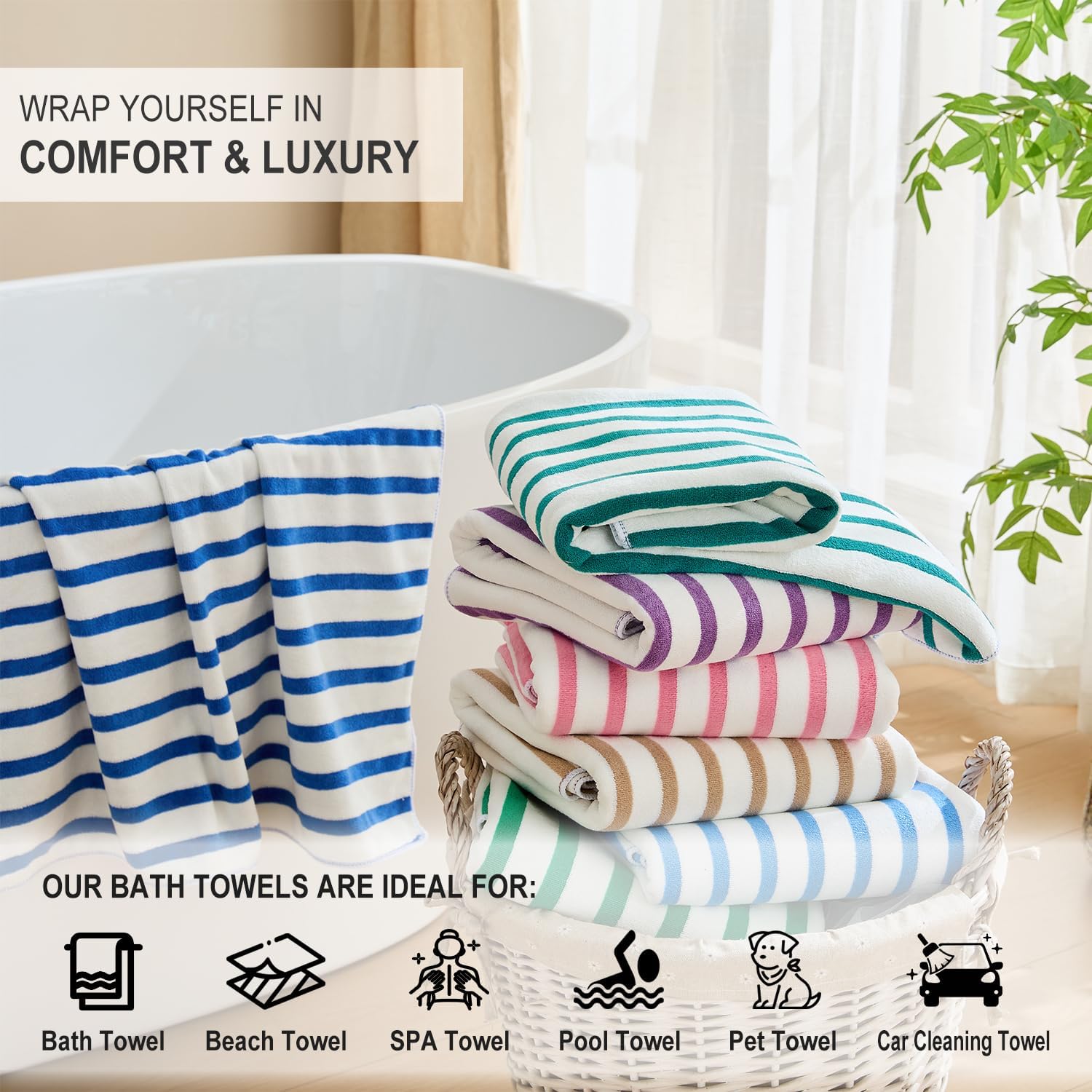 JML Microfiber Beach Towels Set, 6 Pack, 27" x 55", Cabana Stripe Coffee | Hanging Loop, Soft, Absorbent, Quick Dry, Lint-free, No Fading, For Swimming Pool Party