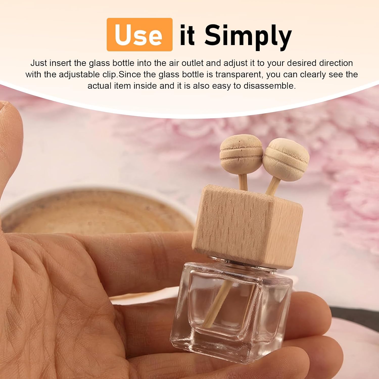 2 PCS Car Vent Diffuser Clips, Refillable Empty Glass Bottles with Natural Wood Cap & Stick, Anti-shake Decorative Air Outlet Holder, Interior Accessory for Most Cars (Transparent)